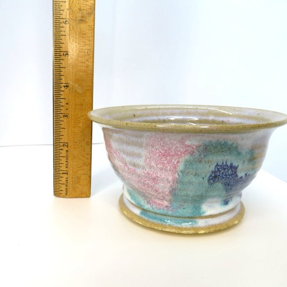 Vintage Handcrafted Signed Art Pottery Stoneware Bowl Multicolor Pastels Glazed - Picture 9 of 12